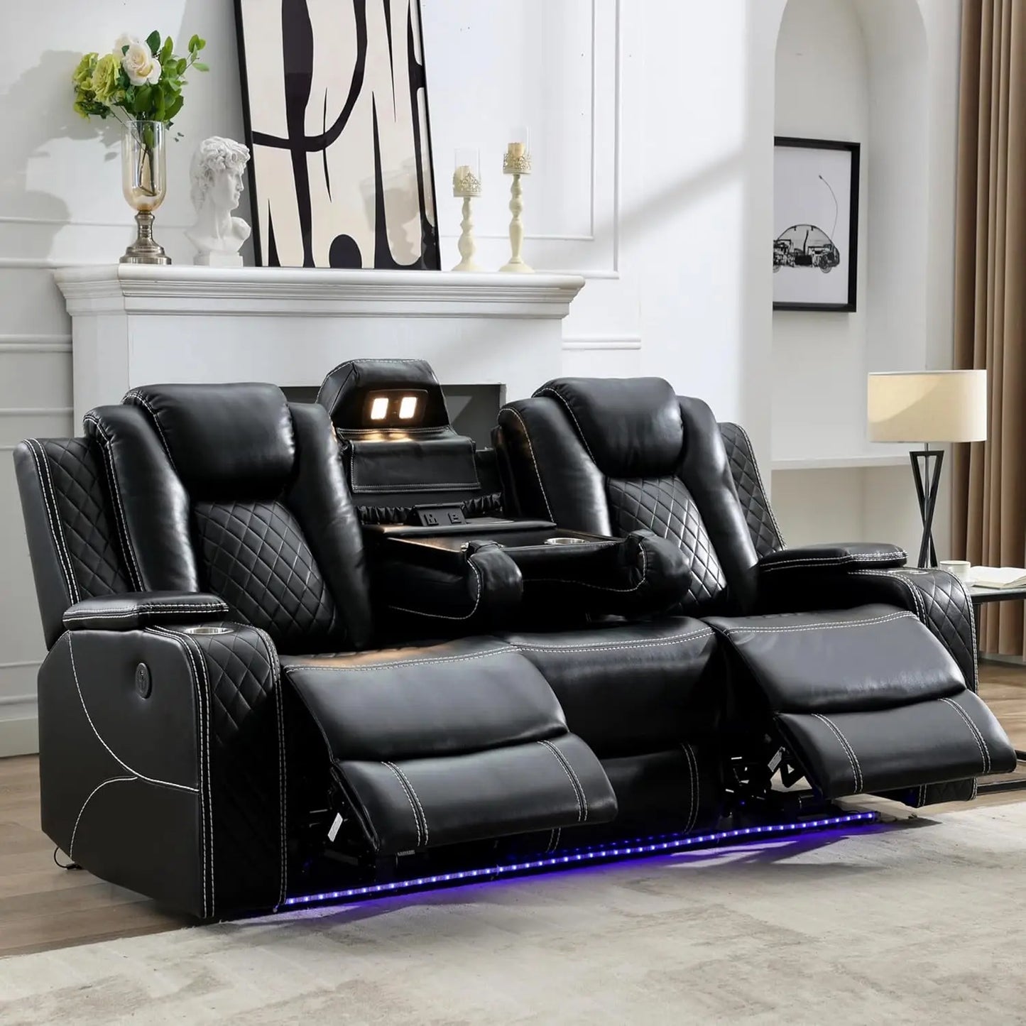 TODRANI Power Reclining Sofa 0 Gravity w/ Wireless Charger,LED Floor Lights,Reading Light, Drop-down Table USB/Type-C Port(070)